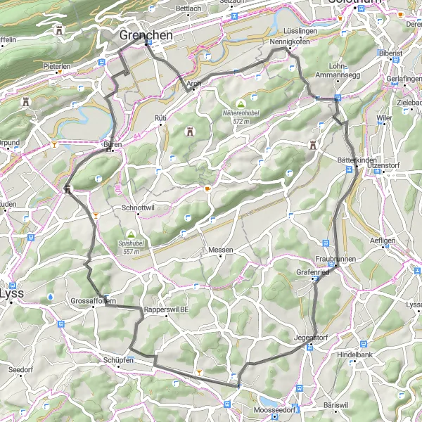 Miniatua del mapa de inspiración ciclista "Ruta de ciclismo en carretera desde Grenchen" en Espace Mittelland, Switzerland. Generado por Tarmacs.app planificador de rutas ciclistas