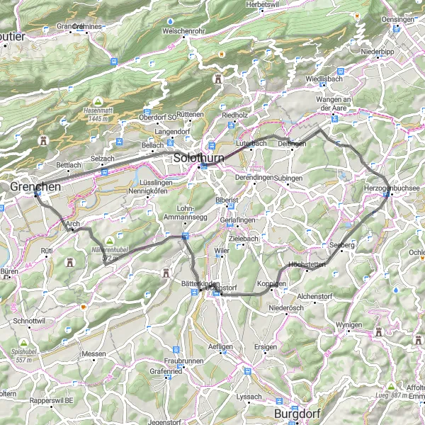Miniaturekort af cykelinspirationen "Historiske landsbyer og naturskønne veje" i Espace Mittelland, Switzerland. Genereret af Tarmacs.app cykelruteplanlægger