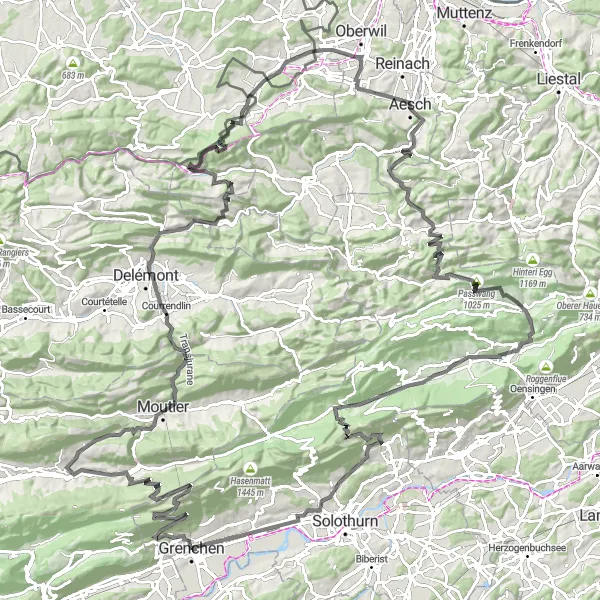 Kartminiatyr av "Grenchen till Grenchen via Obergrenchenberg och Mont Girod" cykelinspiration i Espace Mittelland, Switzerland. Genererad av Tarmacs.app cykelruttplanerare