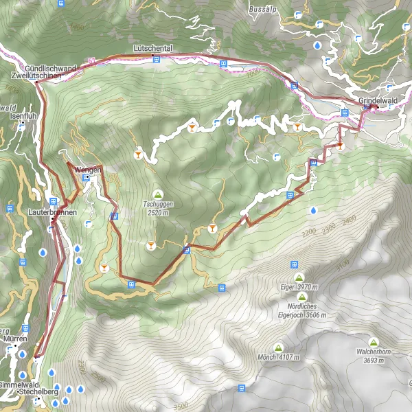 Karten-Miniaturansicht der Radinspiration "Gravel-Abenteuer um Grindelwald" in Espace Mittelland, Switzerland. Erstellt vom Tarmacs.app-Routenplaner für Radtouren