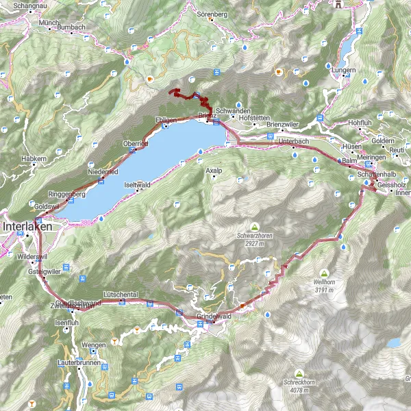 Miniatua del mapa de inspiración ciclista "Ruta de Gravel a través de los Alpes y Cascadas suizas" en Espace Mittelland, Switzerland. Generado por Tarmacs.app planificador de rutas ciclistas