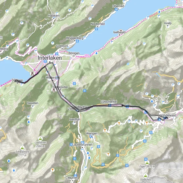 Miniatura della mappa di ispirazione al ciclismo "Interlaken Scenic Road Cycling" nella regione di Espace Mittelland, Switzerland. Generata da Tarmacs.app, pianificatore di rotte ciclistiche