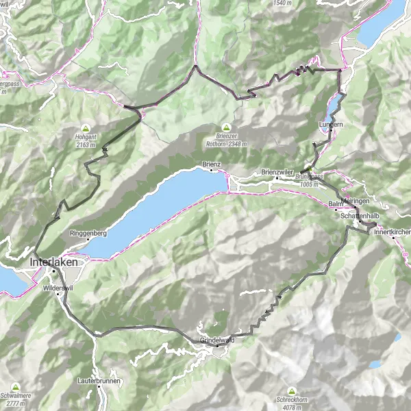 Karttaminiaatyyri "Pyöräilyreitti Grindelwaldin läheisyydestä" pyöräilyinspiraatiosta alueella Espace Mittelland, Switzerland. Luotu Tarmacs.app pyöräilyreittisuunnittelijalla
