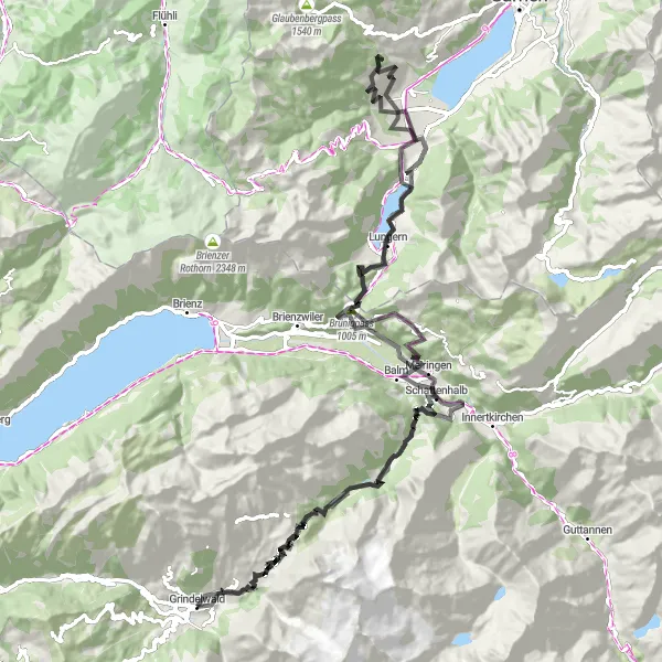 Kartminiatyr av "Alpeveier og pittoreske landsbyer" sykkelinspirasjon i Espace Mittelland, Switzerland. Generert av Tarmacs.app sykkelrutoplanlegger