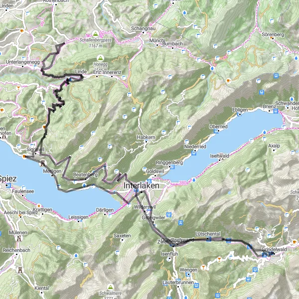Mapa miniatúra "Grindelwald - Heimwehfluh - Gündlischwand Loop" cyklistická inšpirácia v Espace Mittelland, Switzerland. Vygenerované cyklistickým plánovačom trás Tarmacs.app