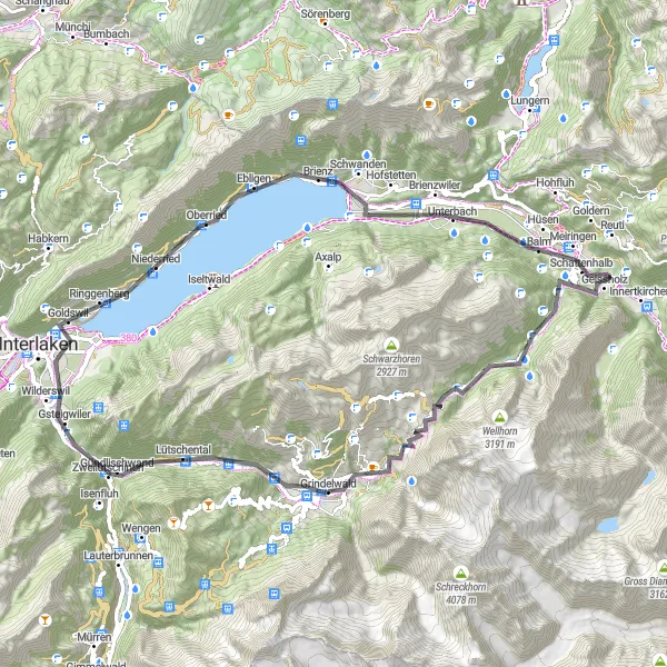 Karttaminiaatyyri "Jännittävä kierros ympäri Grindelwaldia" pyöräilyinspiraatiosta alueella Espace Mittelland, Switzerland. Luotu Tarmacs.app pyöräilyreittisuunnittelijalla