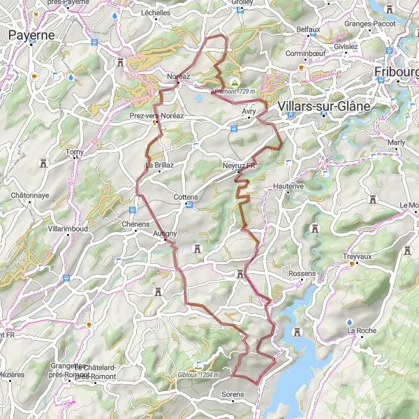 Miniatuurkaart van de fietsinspiratie "Avontuurlijke gravelroute van Piamont naar Noréaz" in Espace Mittelland, Switzerland. Gemaakt door de Tarmacs.app fietsrouteplanner