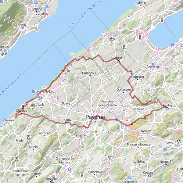 Miniaturní mapa "Gravelova trasa Grolley - St-Aubin FR" inspirace pro cyklisty v oblasti Espace Mittelland, Switzerland. Vytvořeno pomocí plánovače tras Tarmacs.app