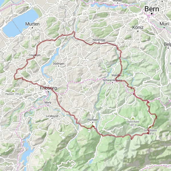 Miniature de la carte de l'inspiration cycliste "Les Crêtes de Grolley" dans la Espace Mittelland, Switzerland. Générée par le planificateur d'itinéraire cycliste Tarmacs.app