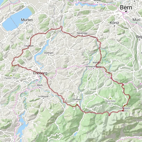 Karttaminiaatyyri "Grolley - Kriechenwil - Wahlern - Gurnigel Bad - Wasserscheide - Plasselb - Pierrafortscha - Foto-Spot Fribourg kierros" pyöräilyinspiraatiosta alueella Espace Mittelland, Switzerland. Luotu Tarmacs.app pyöräilyreittisuunnittelijalla