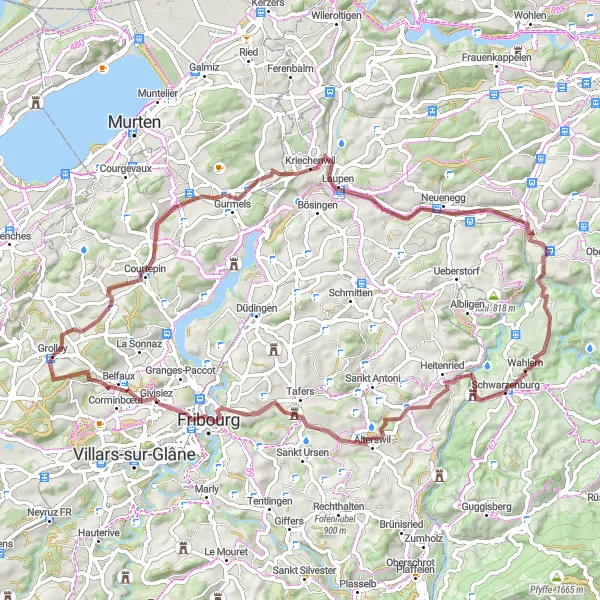 Mapa miniatúra "Gravel Cyklotúra cez Wahlern a Belfaux" cyklistická inšpirácia v Espace Mittelland, Switzerland. Vygenerované cyklistickým plánovačom trás Tarmacs.app