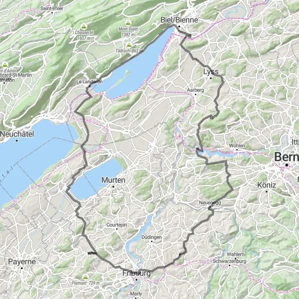 Mapa miniatúra "Road cycling extravaganza" cyklistická inšpirácia v Espace Mittelland, Switzerland. Vygenerované cyklistickým plánovačom trás Tarmacs.app