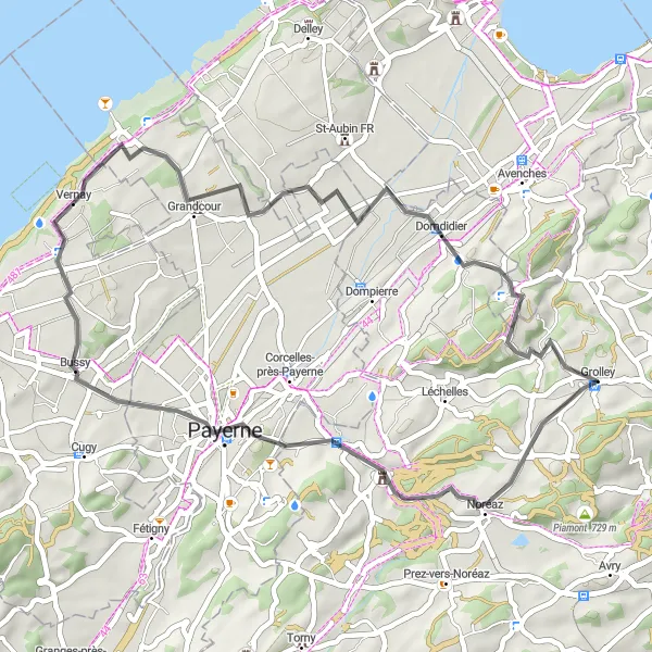 Miniatua del mapa de inspiración ciclista "Ruta en Carretera por Grolley y Domdidier" en Espace Mittelland, Switzerland. Generado por Tarmacs.app planificador de rutas ciclistas