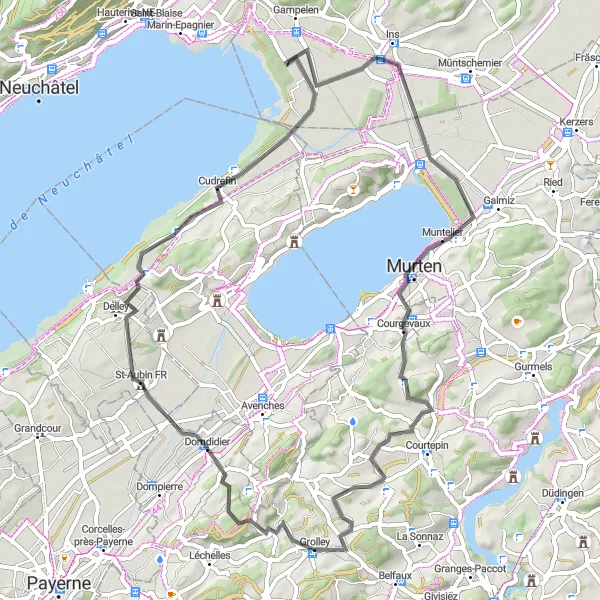 Kartminiatyr av "Utforsk Cudrefin og Witzwil på landeveier" sykkelinspirasjon i Espace Mittelland, Switzerland. Generert av Tarmacs.app sykkelrutoplanlegger