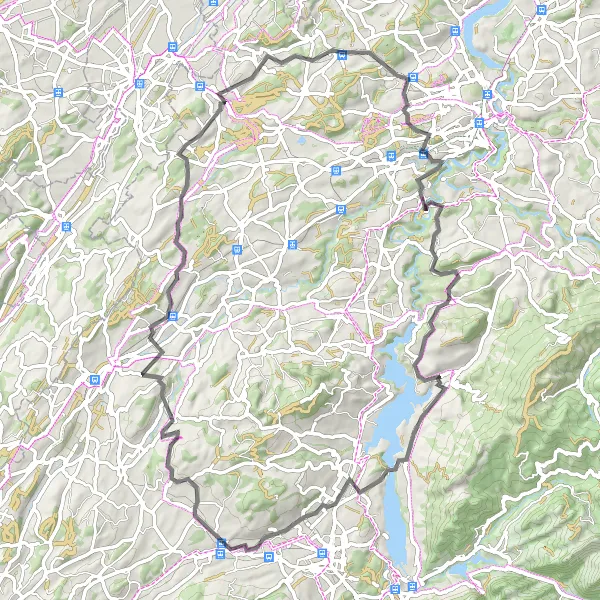 Miniatura della mappa di ispirazione al ciclismo "Percorso Stradale tra Colline e Villaggi" nella regione di Espace Mittelland, Switzerland. Generata da Tarmacs.app, pianificatore di rotte ciclistiche