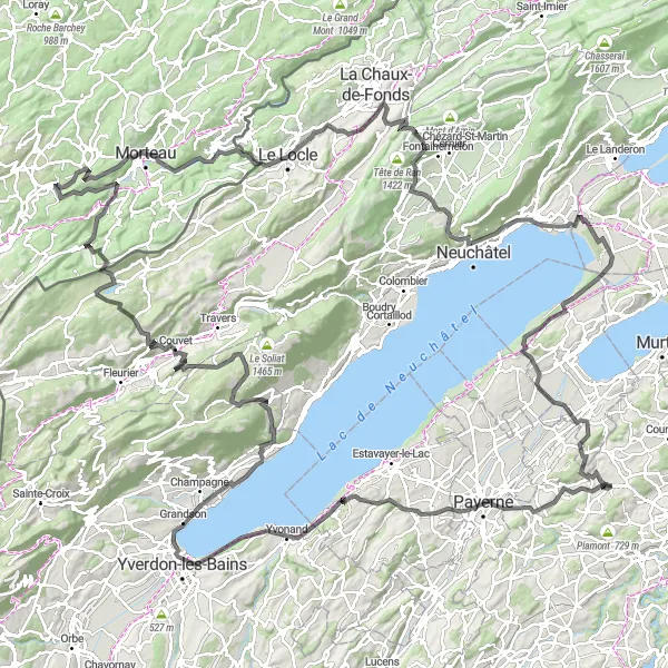 Zemljevid v pomanjšavi "Panoramska cestna kolesarska pot okoli Grolleyja" kolesarske inspiracije v Espace Mittelland, Switzerland. Generirano z načrtovalcem kolesarskih poti Tarmacs.app