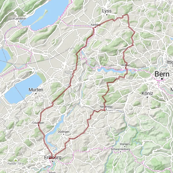 Mapa miniatúra "Gravel okruh cez Meikirch a Fribourg" cyklistická inšpirácia v Espace Mittelland, Switzerland. Vygenerované cyklistickým plánovačom trás Tarmacs.app