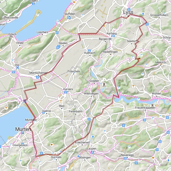 Miniature de la carte de l'inspiration cycliste "Tour du lac de Morat en gravier" dans la Espace Mittelland, Switzerland. Générée par le planificateur d'itinéraire cycliste Tarmacs.app