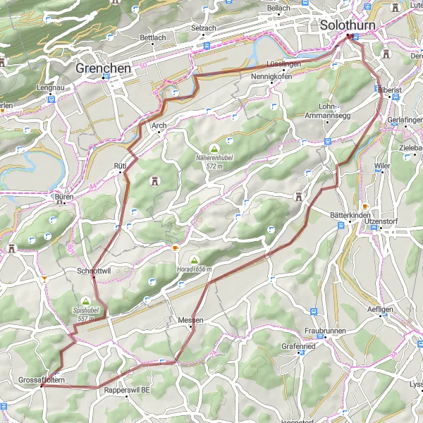 Miniatura della mappa di ispirazione al ciclismo "Percorso ciclistico sterrato intorno a Grossaffoltern" nella regione di Espace Mittelland, Switzerland. Generata da Tarmacs.app, pianificatore di rotte ciclistiche