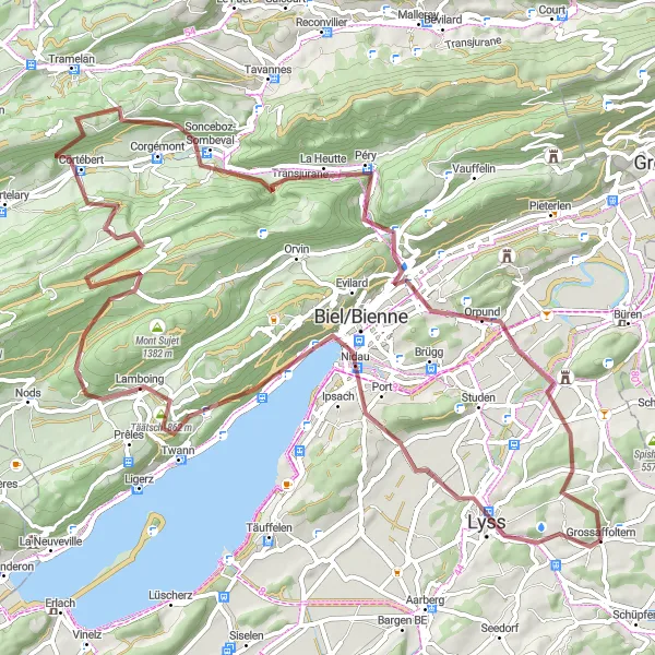 Miniature de la carte de l'inspiration cycliste "Boucle Nidau-Magglingen-Täätsch-Diesse-Cortébert-Sonceboz-Sombeval-Oberes Ried-Grossaffoltern" dans la Espace Mittelland, Switzerland. Générée par le planificateur d'itinéraire cycliste Tarmacs.app
