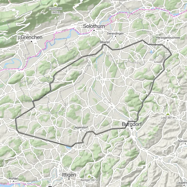 Miniatura della mappa di ispirazione al ciclismo "Giro in bicicletta stradale panoramico nei dintorni di Grossaffoltern" nella regione di Espace Mittelland, Switzerland. Generata da Tarmacs.app, pianificatore di rotte ciclistiche