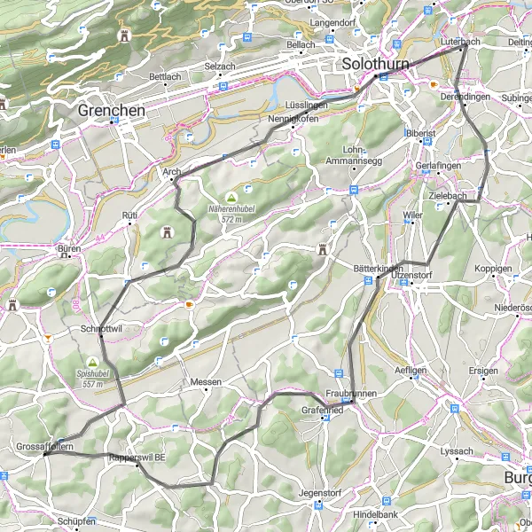 Miniatura della mappa di ispirazione al ciclismo "Esplorazione in bicicletta da Grossaffoltern a Rapperswil BE" nella regione di Espace Mittelland, Switzerland. Generata da Tarmacs.app, pianificatore di rotte ciclistiche