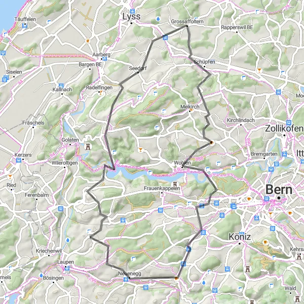 Miniatura della mappa di ispirazione al ciclismo "Giro in bicicletta stradale intorno a Grossaffoltern" nella regione di Espace Mittelland, Switzerland. Generata da Tarmacs.app, pianificatore di rotte ciclistiche