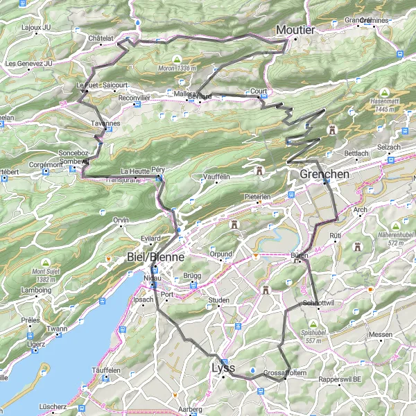 Miniature de la carte de l'inspiration cycliste "Tour des collines jurassiennes en route" dans la Espace Mittelland, Switzerland. Générée par le planificateur d'itinéraire cycliste Tarmacs.app