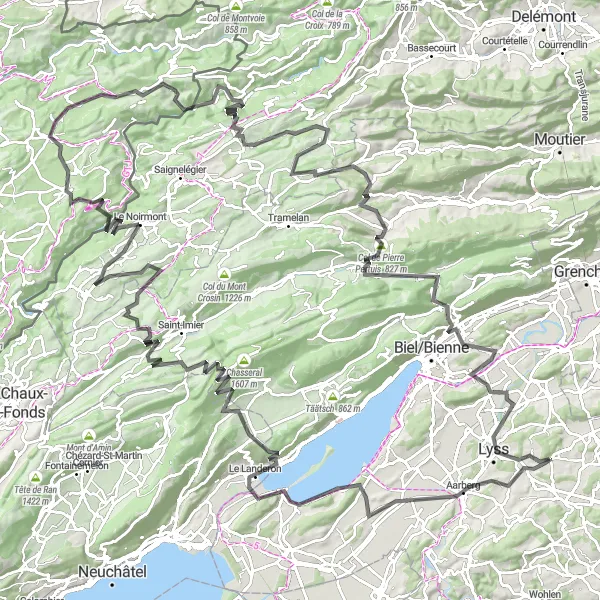 Miniature de la carte de l'inspiration cycliste "Itinéraire Aarberg-Aussichtspunkt-La Neuveville-Col du Chasseral-Ruines du Château d'Erguel-Les Bois" dans la Espace Mittelland, Switzerland. Générée par le planificateur d'itinéraire cycliste Tarmacs.app