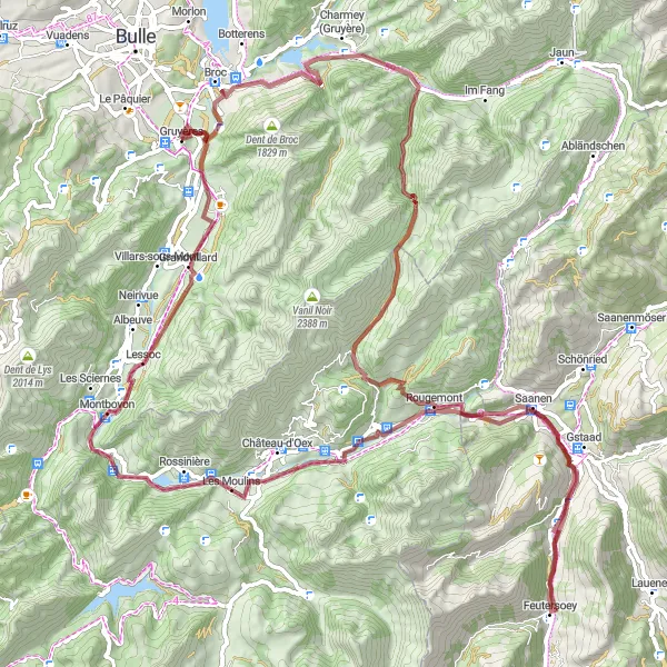 Miniaturní mapa "Gravelová trasa okolo Gruyères" inspirace pro cyklisty v oblasti Espace Mittelland, Switzerland. Vytvořeno pomocí plánovače tras Tarmacs.app
