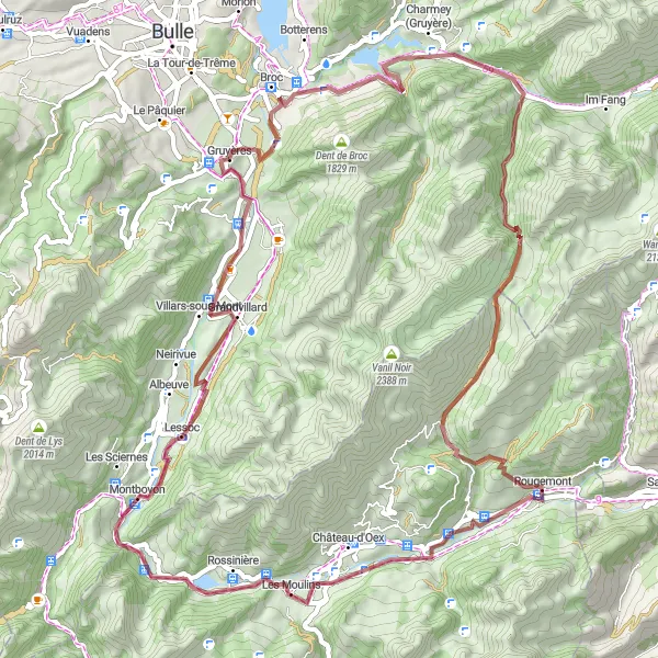 Miniature de la carte de l'inspiration cycliste "Le Tour des Châteaux de la Gruyère" dans la Espace Mittelland, Switzerland. Générée par le planificateur d'itinéraire cycliste Tarmacs.app