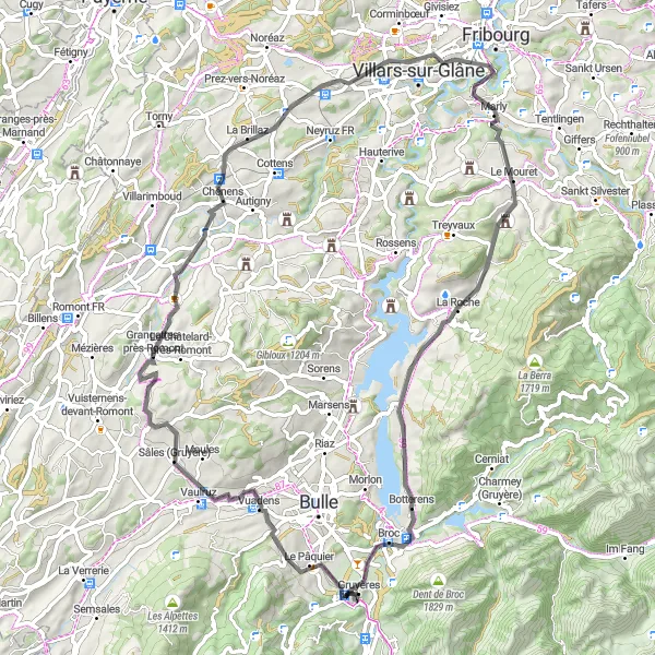 Miniatua del mapa de inspiración ciclista "Ruta de Ciclismo de Carretera por Gruyères" en Espace Mittelland, Switzerland. Generado por Tarmacs.app planificador de rutas ciclistas