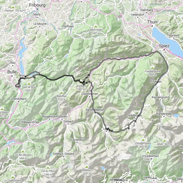 Kartminiatyr av "Gruyères til Gruyères via Jaunpass og Schloss Blankenburg" sykkelinspirasjon i Espace Mittelland, Switzerland. Generert av Tarmacs.app sykkelrutoplanlegger