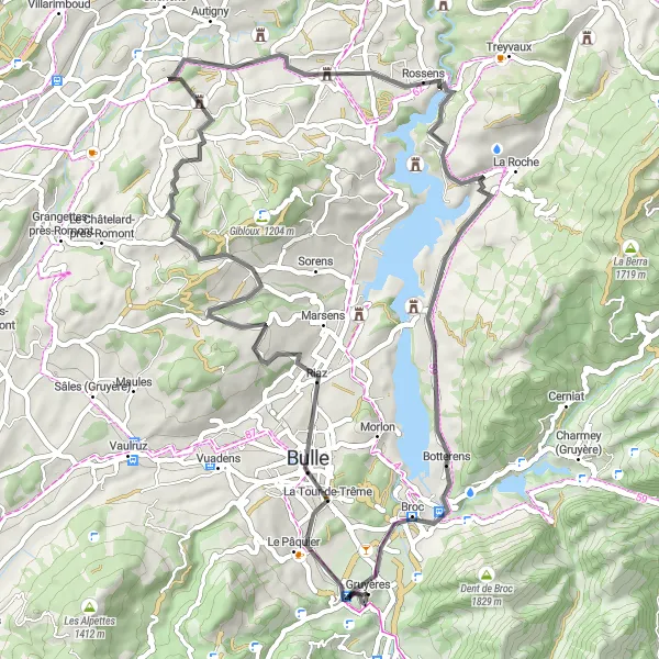 Miniatura della mappa di ispirazione al ciclismo "Tour delle Tre Valli di Gruyères" nella regione di Espace Mittelland, Switzerland. Generata da Tarmacs.app, pianificatore di rotte ciclistiche