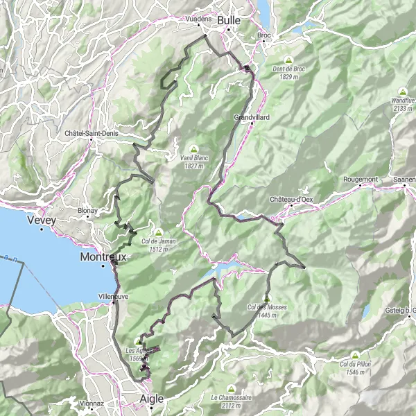Miniatua del mapa de inspiración ciclista "Ruta de Ciclismo de Carretera por Les Mosses" en Espace Mittelland, Switzerland. Generado por Tarmacs.app planificador de rutas ciclistas