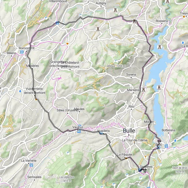Miniatua del mapa de inspiración ciclista "Ruta de ciclismo de carretera Vaulruz-Gruyères" en Espace Mittelland, Switzerland. Generado por Tarmacs.app planificador de rutas ciclistas