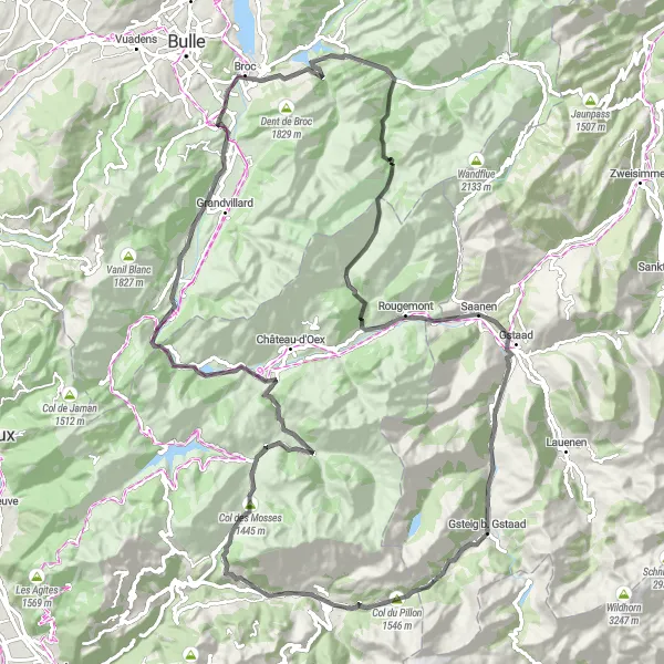 Miniatua del mapa de inspiración ciclista "Ruta de Ciclismo de Carretera - Gruyères a Gstaad" en Espace Mittelland, Switzerland. Generado por Tarmacs.app planificador de rutas ciclistas