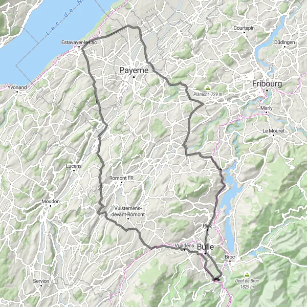 Miniatura della mappa di ispirazione al ciclismo "Gruyères - Gruyères attraverso La Magne, Ménières, Grandcour, Noréaz, Vuippens" nella regione di Espace Mittelland, Switzerland. Generata da Tarmacs.app, pianificatore di rotte ciclistiche