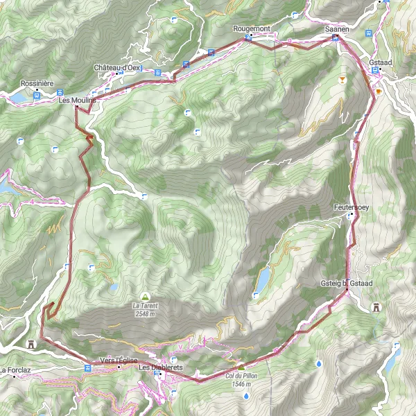 Zemljevid v pomanjšavi "Kolesarska pot Gstaad Saanenland" kolesarske inspiracije v Espace Mittelland, Switzerland. Generirano z načrtovalcem kolesarskih poti Tarmacs.app