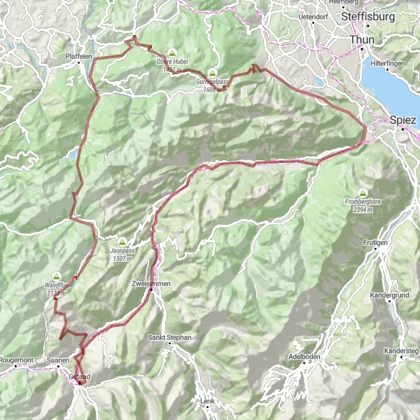 Map miniature of "Gravel Adventure from Gstaad" cycling inspiration in Espace Mittelland, Switzerland. Generated by Tarmacs.app cycling route planner