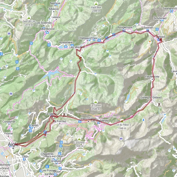 Map miniature of "Gstaad Gravel Discovery" cycling inspiration in Espace Mittelland, Switzerland. Generated by Tarmacs.app cycling route planner