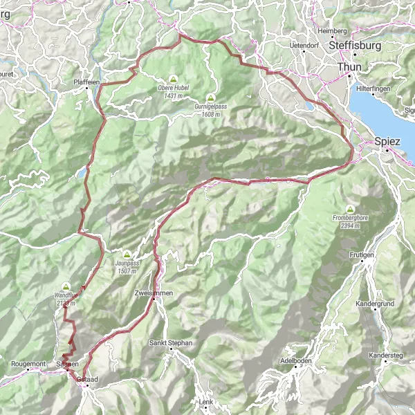 Miniatuurkaart van de fietsinspiratie "Epische gravelroute: Saanen - Jaun - Erlenbach - Saanenmöser - Gstaad" in Espace Mittelland, Switzerland. Gemaakt door de Tarmacs.app fietsrouteplanner