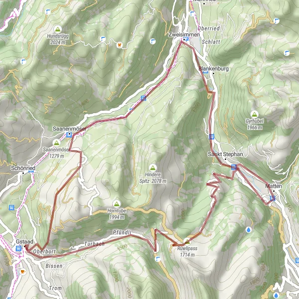 Miniatuurkaart van de fietsinspiratie "Gravelroute van Gstaad naar Turbach" in Espace Mittelland, Switzerland. Gemaakt door de Tarmacs.app fietsrouteplanner