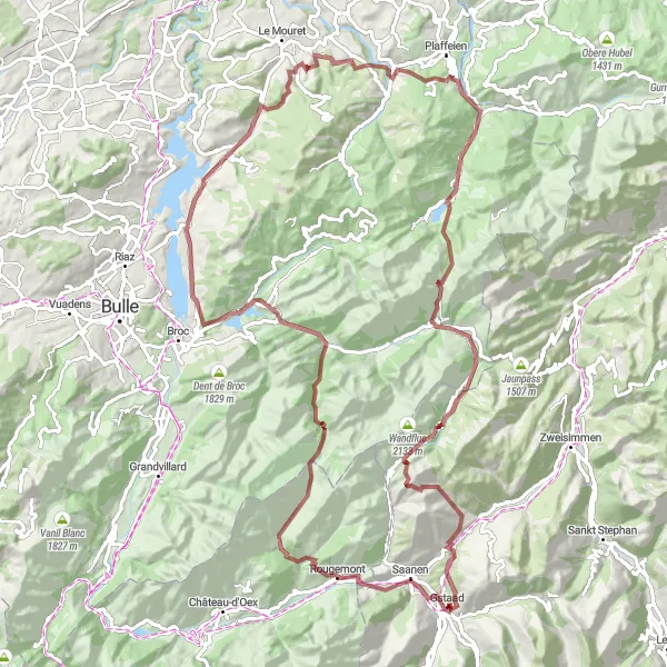 Map miniature of "The Gstaad Saanenland Gravel Adventure" cycling inspiration in Espace Mittelland, Switzerland. Generated by Tarmacs.app cycling route planner