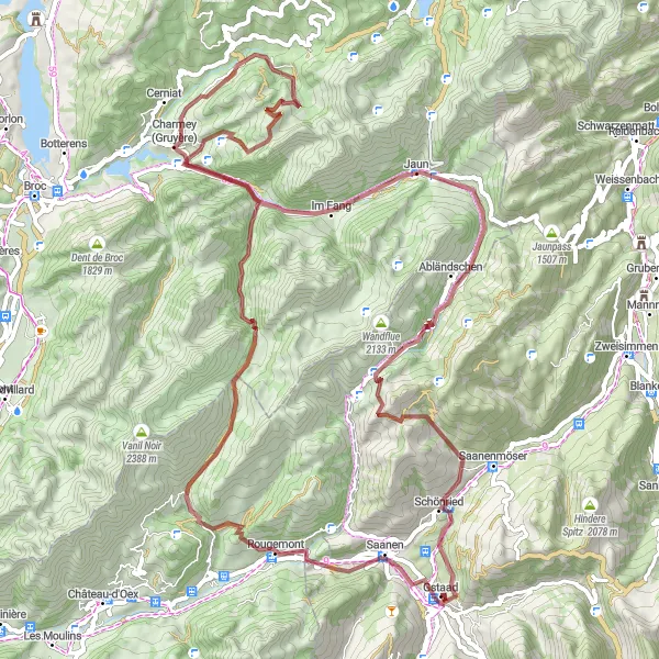 Kartminiatyr av "Eventyrlig Grusvei Opplevelse fra Gstaad" sykkelinspirasjon i Espace Mittelland, Switzerland. Generert av Tarmacs.app sykkelrutoplanlegger