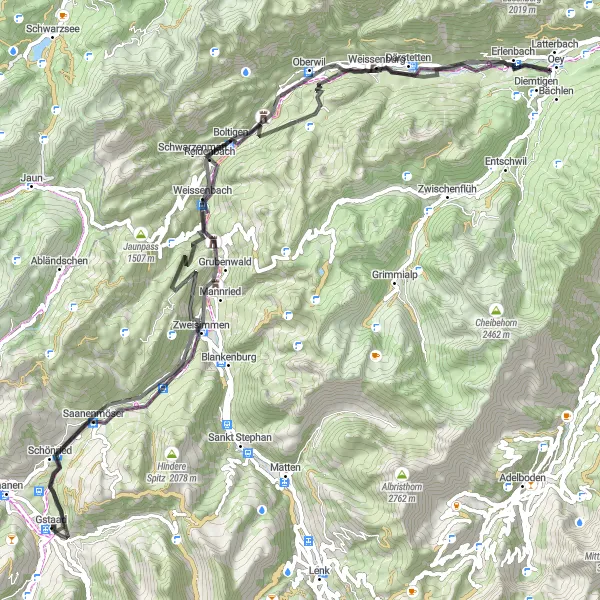 Karten-Miniaturansicht der Radinspiration "Gstaad-Zweisimmen Loop" in Espace Mittelland, Switzerland. Erstellt vom Tarmacs.app-Routenplaner für Radtouren