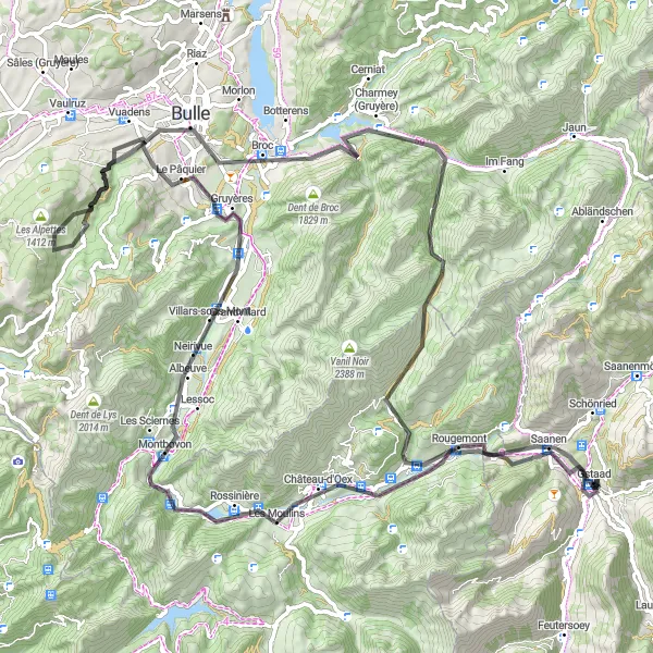 Zemljevid v pomanjšavi "Cestno kolesarjenje po okolici Gstaada" kolesarske inspiracije v Espace Mittelland, Switzerland. Generirano z načrtovalcem kolesarskih poti Tarmacs.app