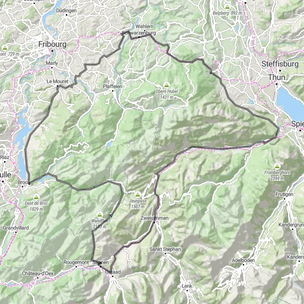 Kartminiatyr av "Eksklusiv tur fra Saanen til Gstaad" sykkelinspirasjon i Espace Mittelland, Switzerland. Generert av Tarmacs.app sykkelrutoplanlegger