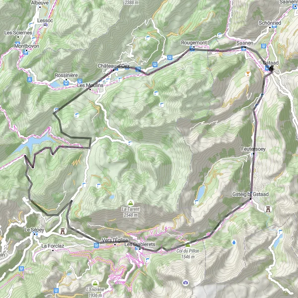 Miniaturekort af cykelinspirationen "Les Diablerets Loop Cycling Route" i Espace Mittelland, Switzerland. Genereret af Tarmacs.app cykelruteplanlægger