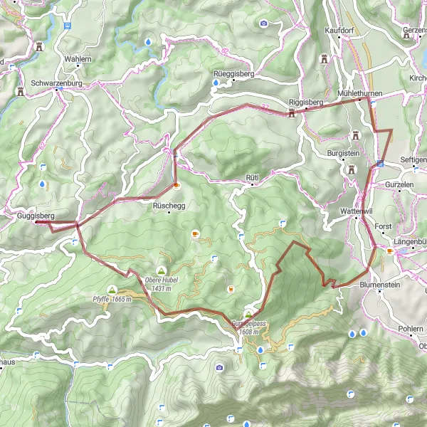 Kartminiatyr av "Gravel Eventyr rundt Guggisberg" sykkelinspirasjon i Espace Mittelland, Switzerland. Generert av Tarmacs.app sykkelrutoplanlegger